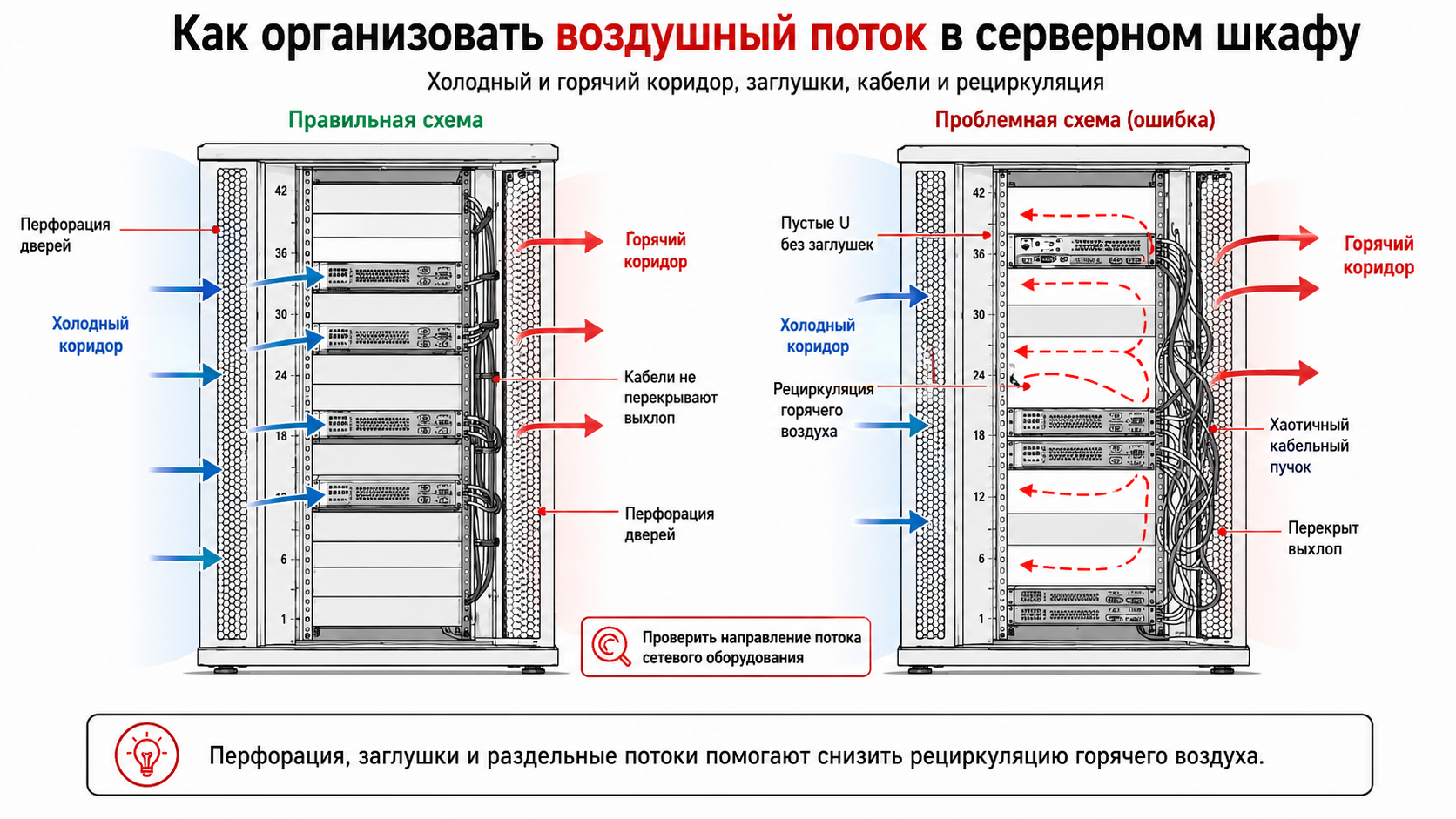 Схема холодного и горячего коридора, заглушек и рециркуляции воздуха в серверном шкафу
