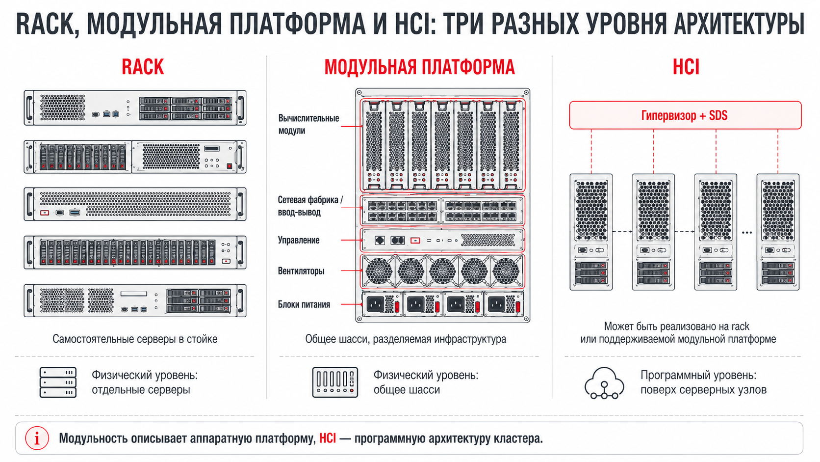 Сравнение rack-серверов, модульной платформы и гиперконвергентной инфраструктуры