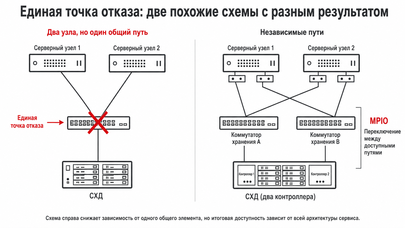 Схема подключения двух серверных узлов к СХД с единой точкой отказа и независимыми путями MPIO