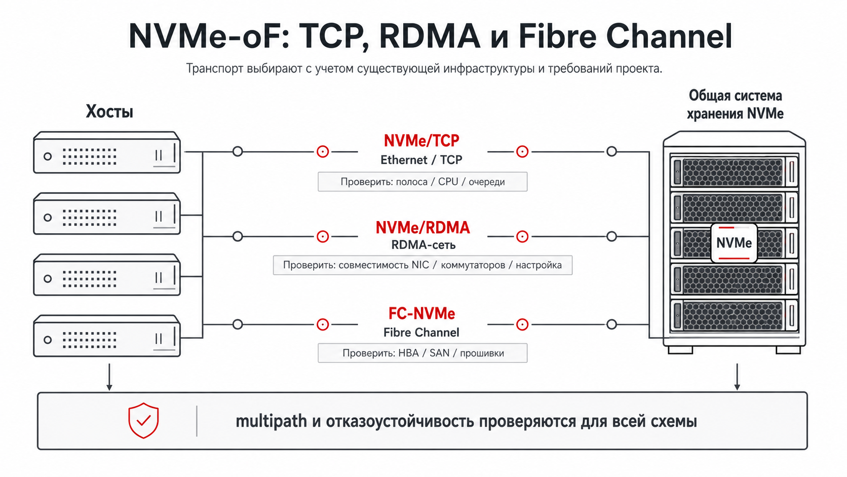 Сравнение транспортов NVMe TCP RDMA и FC-NVMe для общей системы хранения