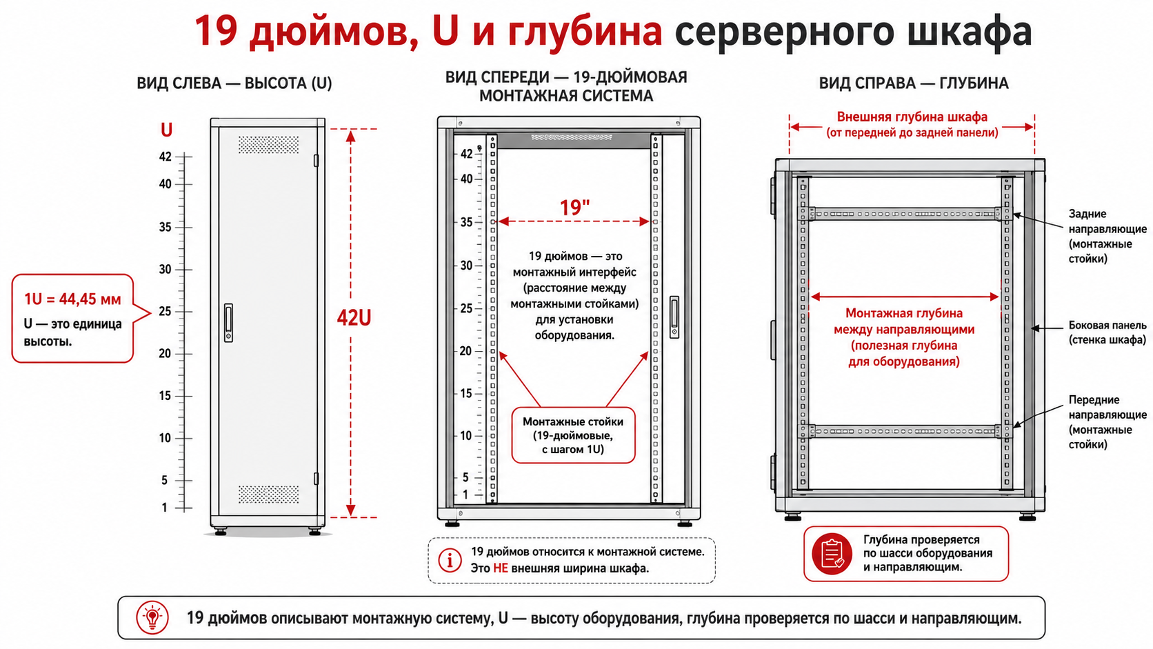 Схема параметров серверного шкафа: 19 дюймов, высота U и монтажная глубина