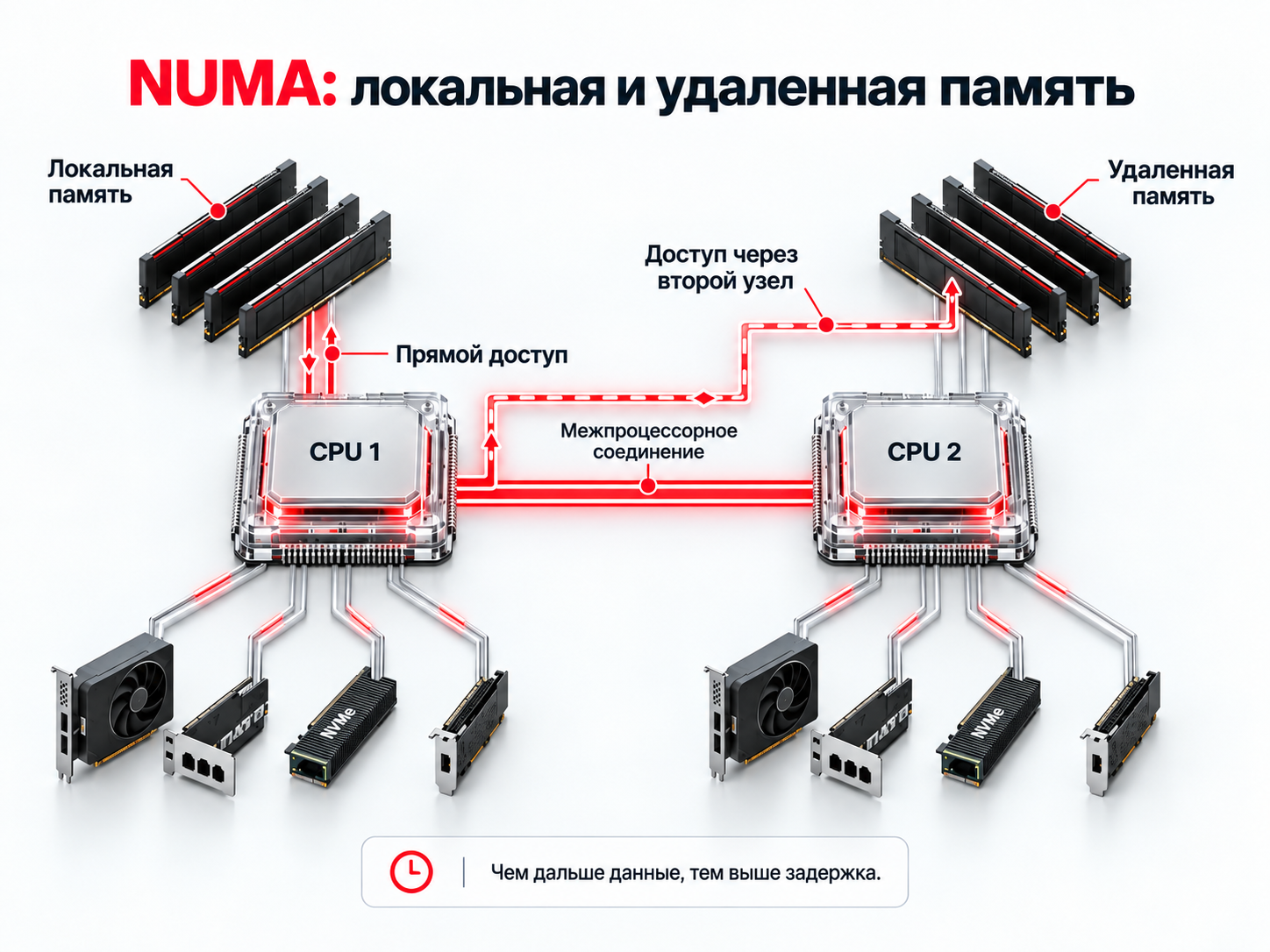 Схема доступа к памяти NUMA в двухпроцессорном сервере
