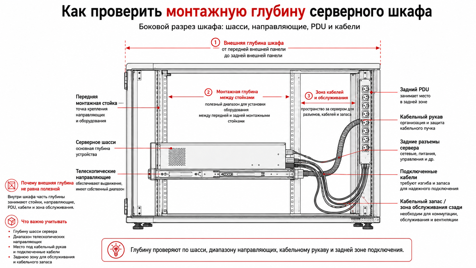 Боковой разрез серверного шкафа с сервером, направляющими, PDU и кабелями