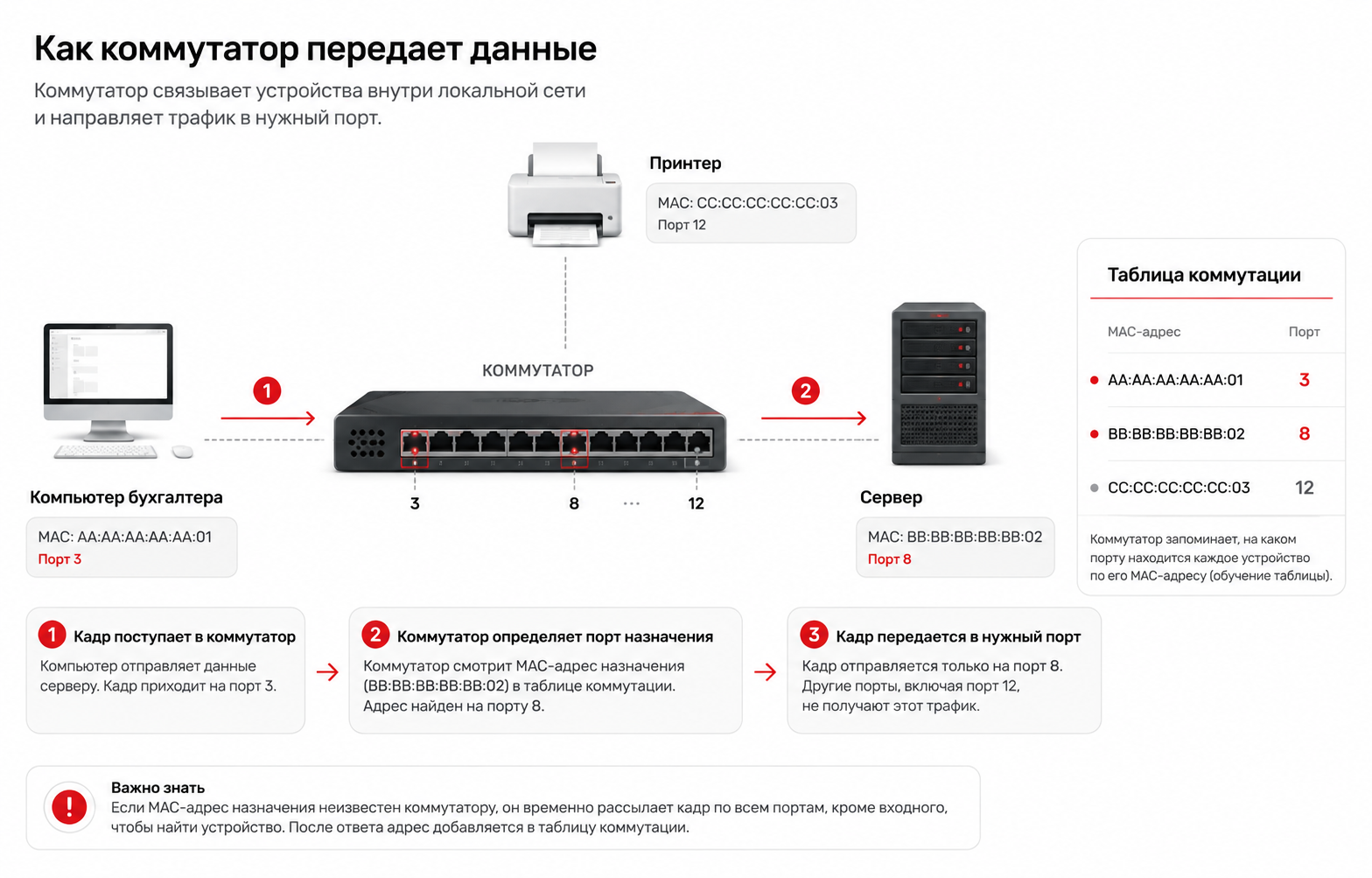 Как коммутатор определяет нужный порт и передает данные внутри локальной сети