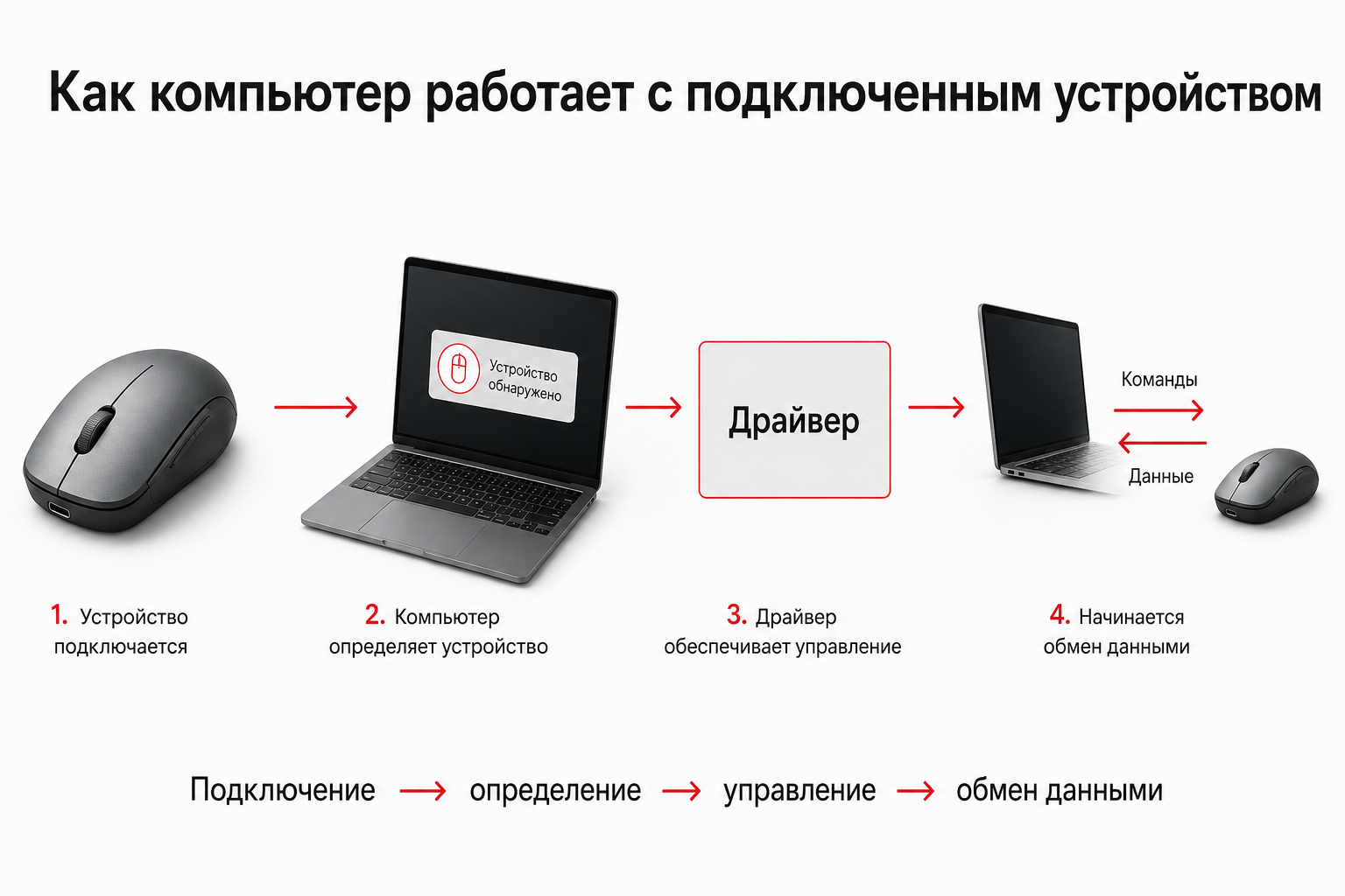 Схема работы компьютера с подключенным периферийным устройством от подключения до обмена данными