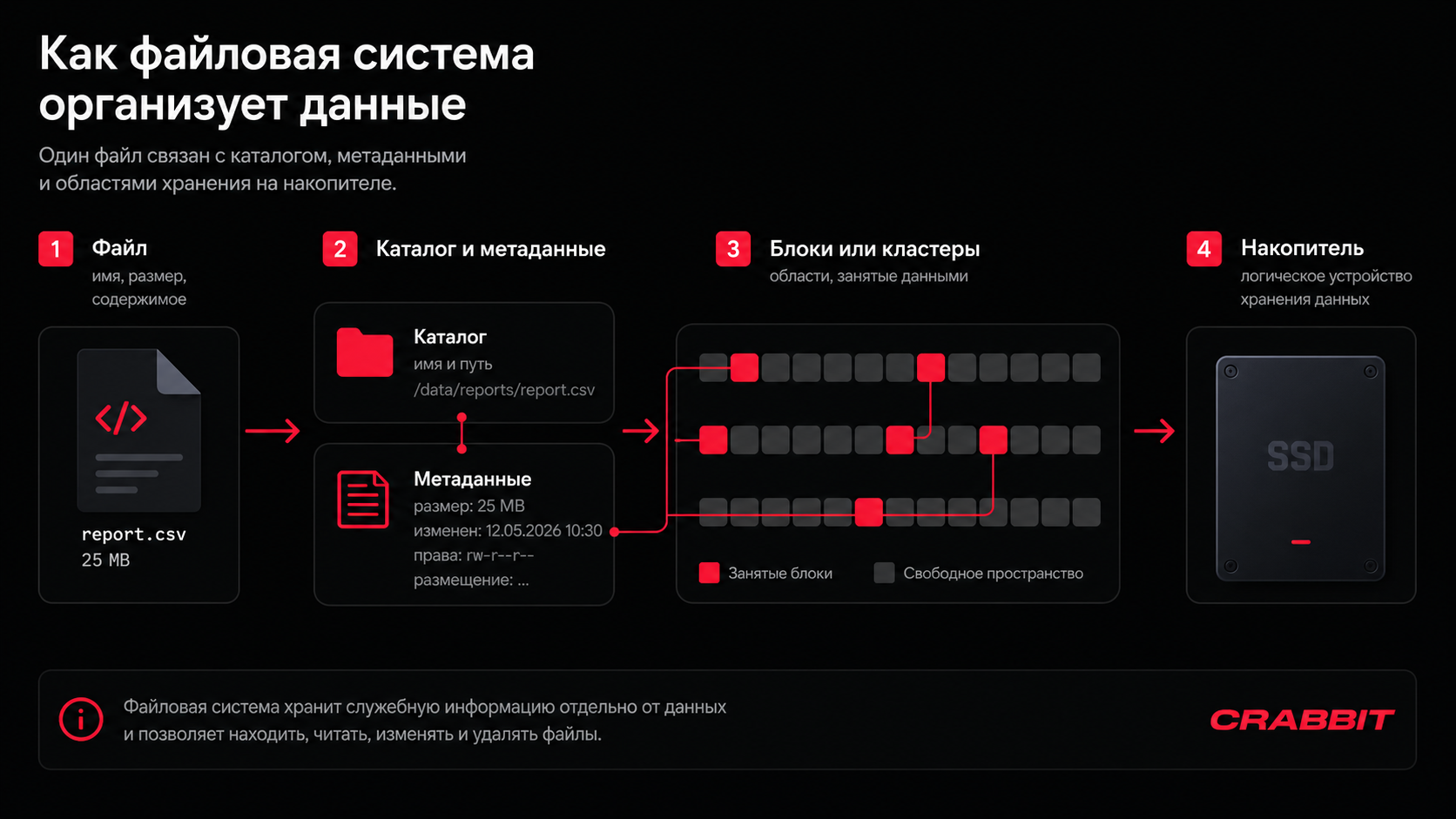 Схема организации данных файловой системой: файл, каталог, метаданные, блоки хранения и накопитель