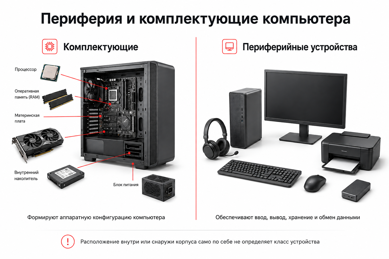 Сравнение периферийных устройств и комплектующих компьютера по расположению и назначению
