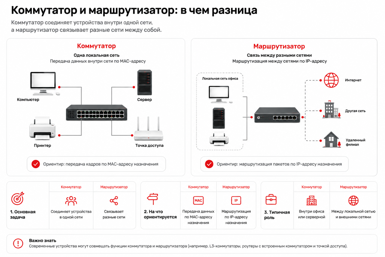 Сравнение коммутатора и маршрутизатора в корпоративной сети